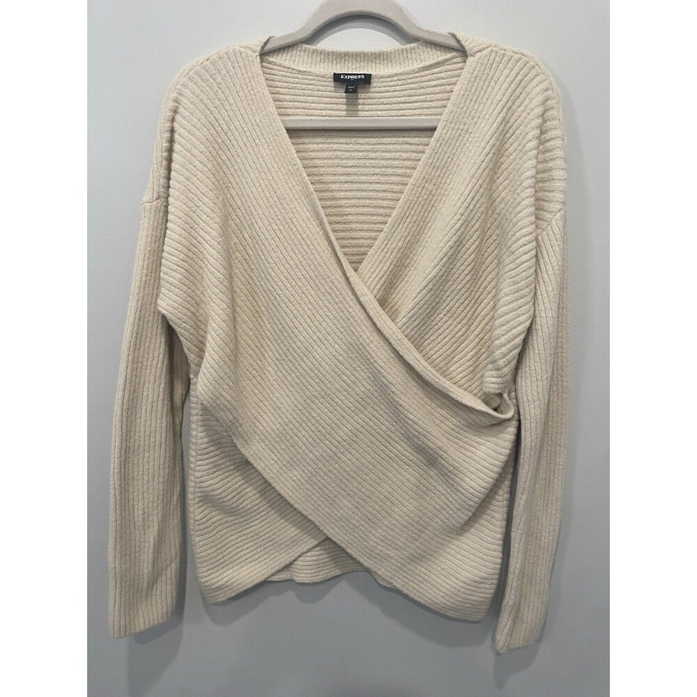 Express Women's V-Neck Faux Wrap Fuzzy Sweater Cream Size M Minimalist Capsule